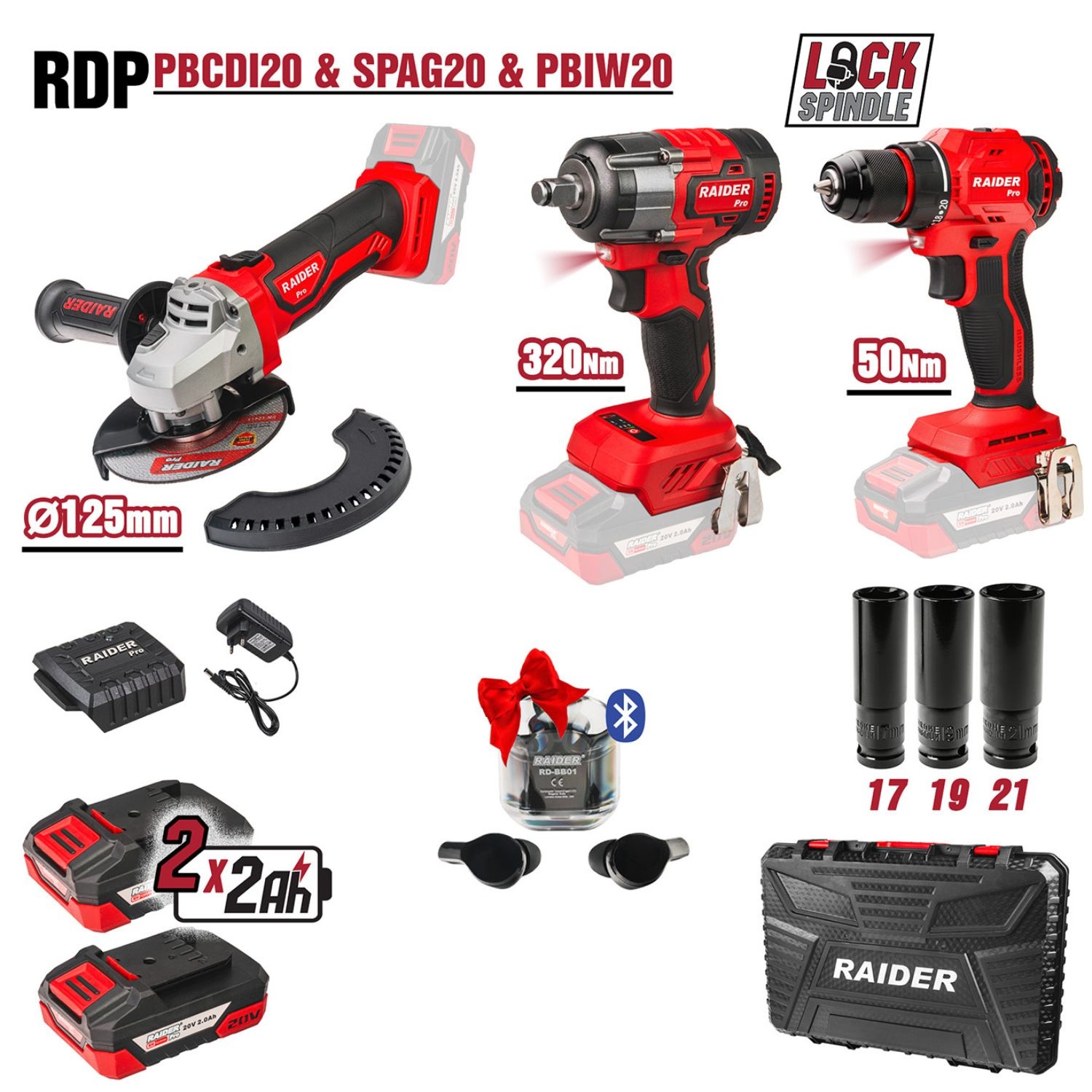 RAIDER R20 Σετ Γωνιακός τροχός,δραπανοκατσάβιδο & μπουλονόκλειδο 2x2Ah RDP-PBCDI20&SPAG20&PBIW20 030255
